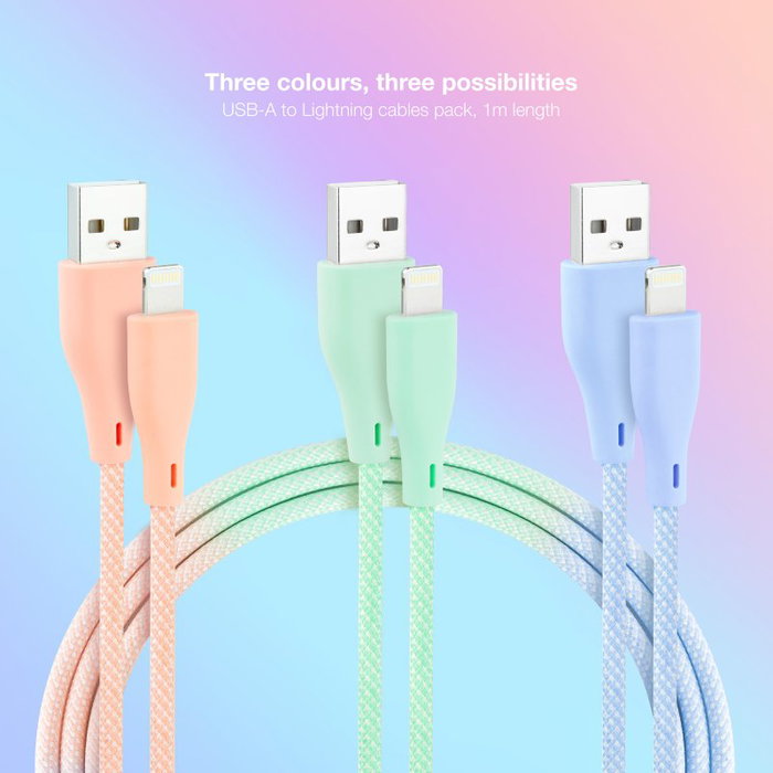 Nanocable Pack de 3 Cables Lightning a USB 2.0 Mallados, 1 m, Rosa, Azul y Verde Nanocable Pack de 3 Cables Lightning a USB 2.0 Mallados, 1 m, Rosa, Azul y Verde
